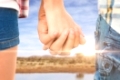 Couple in check shirts and denim holding hands against lake